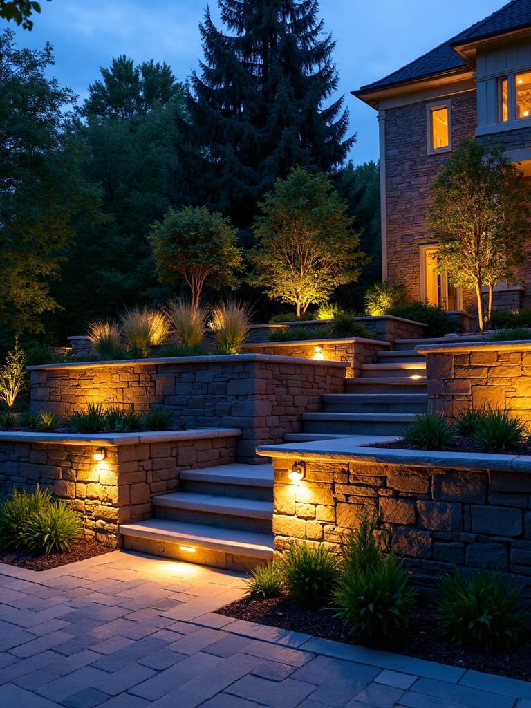 Natural stone retaining wall with landscape lighting in Upstate South Carolina